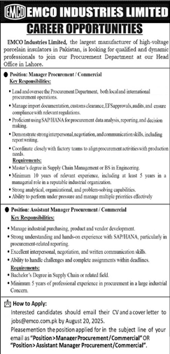Jobs in EMCO Industries Limited Islamabad